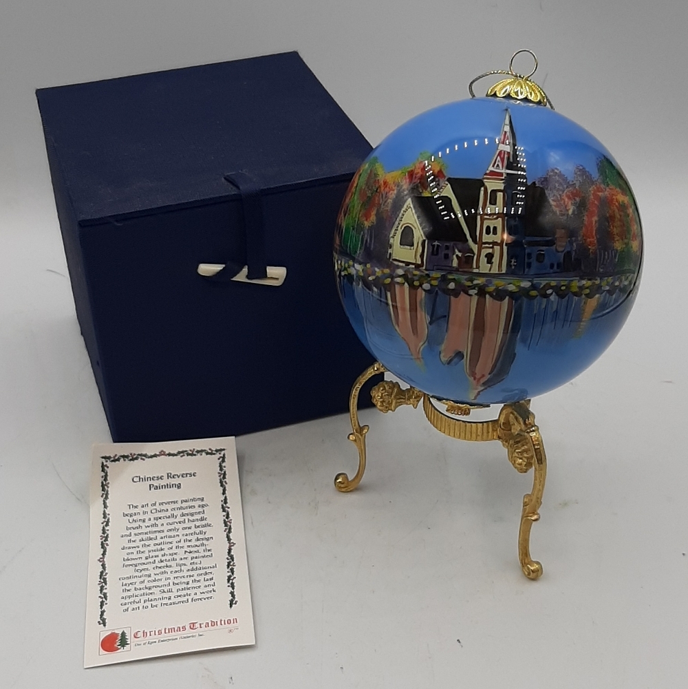 VTG Christmas Traditions Reverse Painted Glass Ornament Boxed Scenic Churches